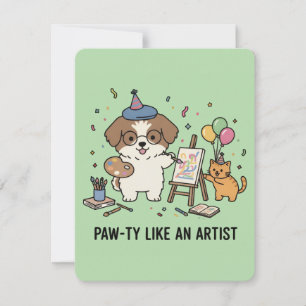 Invitation festive chien chat artistique verte cél