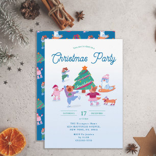 Invitation Festive Chiens mignons Patinage sur glace Bleu fêt
