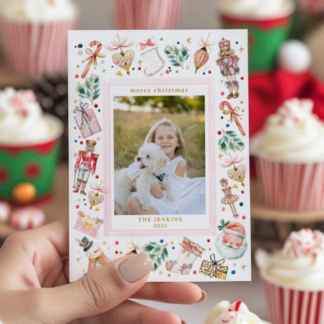 Invitation Festive Christmas Family Photo Card (Fun Pink Christmas Photo Card)