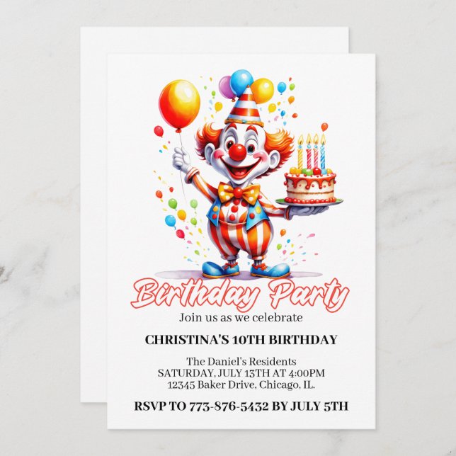 Invitation Festive Clown Aquarelle fête d'anniversaire (Devant / Derrière)