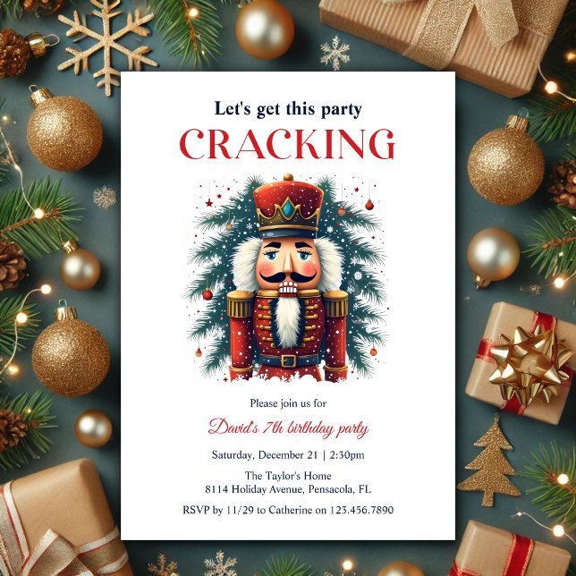 Invitation Festive Cracking à thème Anniversaire (Festive Christmas Nutcracker Cracking Themed Birthday Party Invitation)