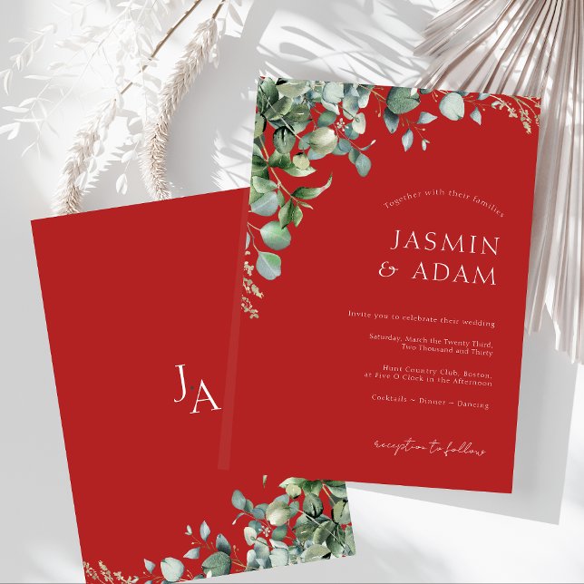 Invitation Festive Crimson Rouge Eucalyptus Mariage de verdur (Festive Crimson Red Eucalyptus Greenery Wedding Invitation)