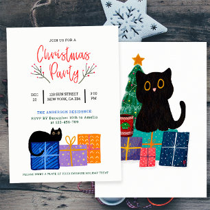 Invitation Festive Cute Black Cat Café Art Noël