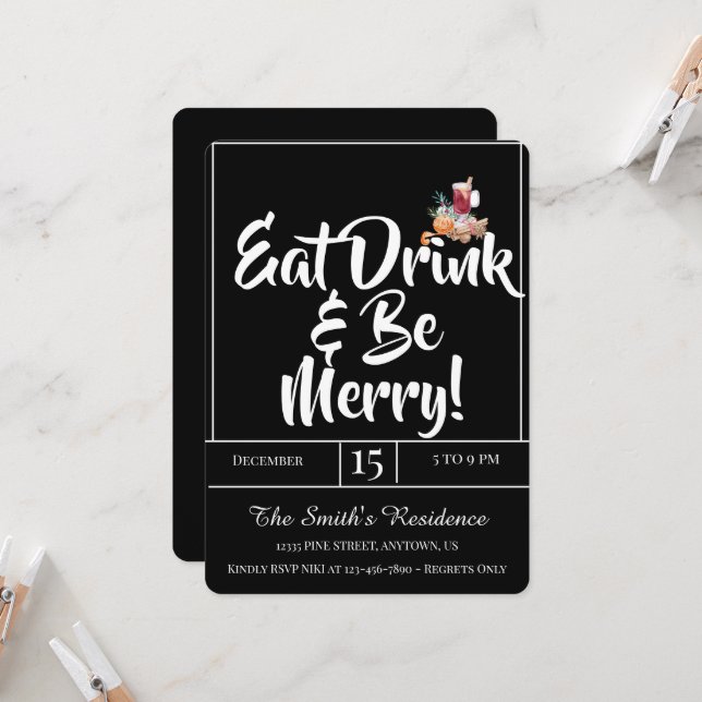 Invitation Festive Cute Drinks Party Manger Boire & Soyez Joy (Devant/Arrière en situation)