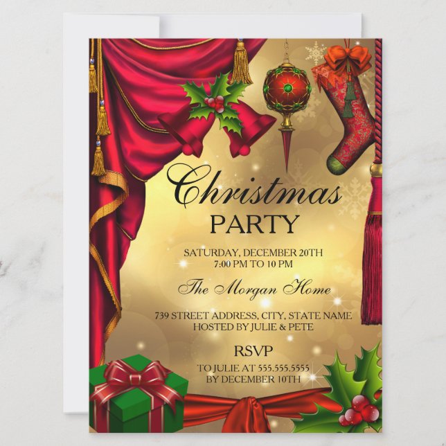 Invitation festive de Noël Rouge Vert Or (Devant)