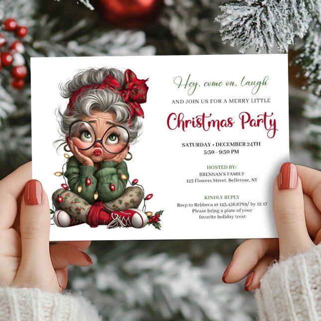 Invitation festive et drôle de grand-mère pour l'é (Festive Funny Grandma Christmas Event Invitation)