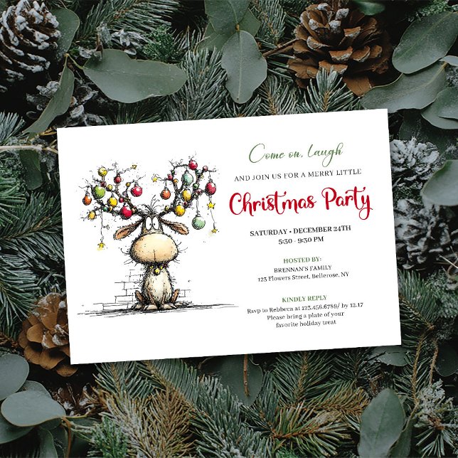 Invitation festive et fantaisiste de fête de Noël  (Festive whimsical reindeer Christmas party invite

)