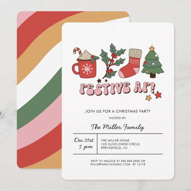 Invitation festive et rétro pour une fête de Noël  (Devant / Derrière)