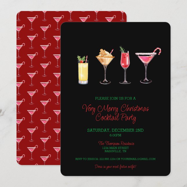 Invitation Festive Fête Cocktail Fête Noël (Devant / Derrière)