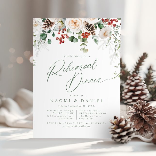 Invitation Festive Floral Winter Wedding Rehearsal Dinner (Festive Floral Winter Wedding Rehearsal Dinner Invitation)