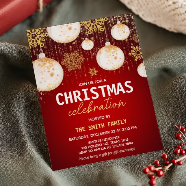 Invitation Festive Gold Balls Rouge Fête de Noël (Gold Balls Red Festive Holiday Christmas Party Invitation)