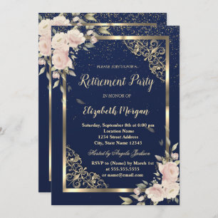 Invitation Festive Gold Frame Marine Blue Flowers Retraite
