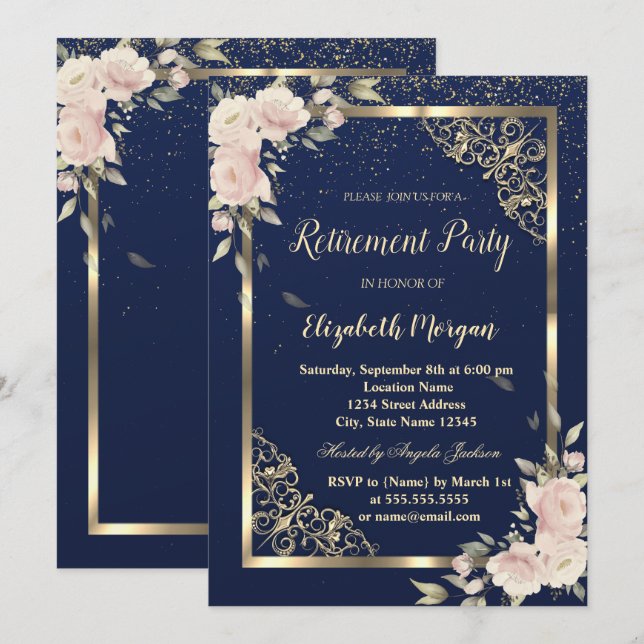 Invitation Festive Gold Frame Marine Blue Flowers Retraite (Devant / Derrière)