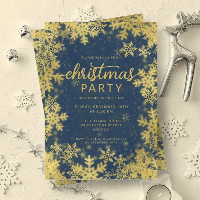 Invitation Festive Gold Navy Foil Snowflakes Noël (Festive Gold Navy Foil Snowflakes Christmas Invitation)