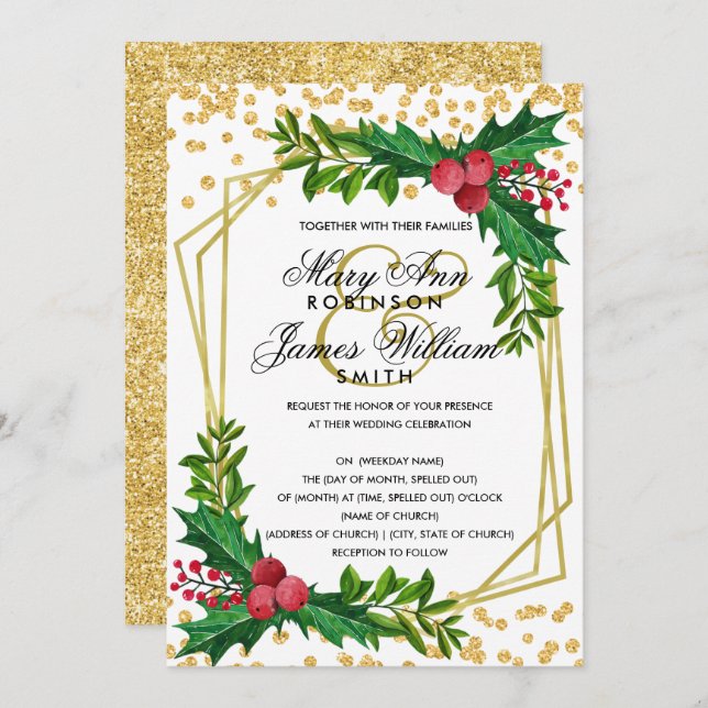 Invitation Festive Gold Noël Mariage Holly White (Devant / Derrière)