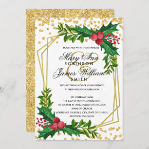 Invitation Festive Gold Noël Mariage Holly White