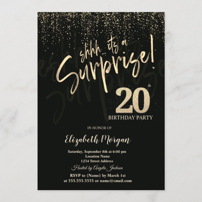 Invitation Festive Gold Surprise 20th Birthday Party (Devant)