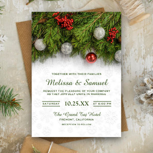 Invitation Festive Holly Berry and Pine Christmas Wedding