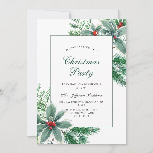 Invitation Festive Holly Berry Branch Fête de Noël (Devant)