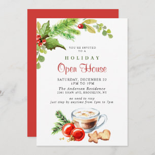 Invitation Festive Holly Berry Christmas Holiday Open House