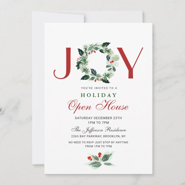 Invitation Festive Holly Berry Christmas Holiday Open House (Devant)
