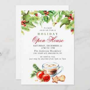 Invitation Festive Holly Berry Christmas Holiday Open House