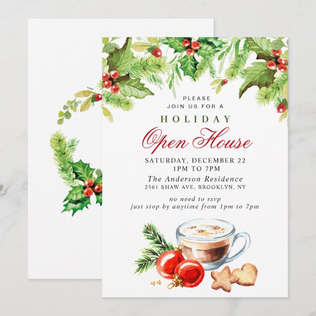 Invitation Festive Holly Berry Christmas Holiday Open House (Devant / Derrière)
