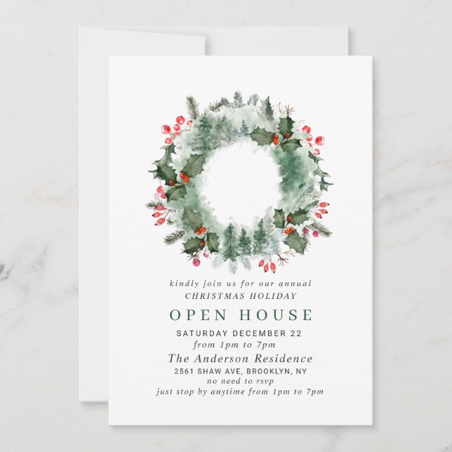 Invitation Festive Holly Berry Christmas Holiday Open House (Devant)