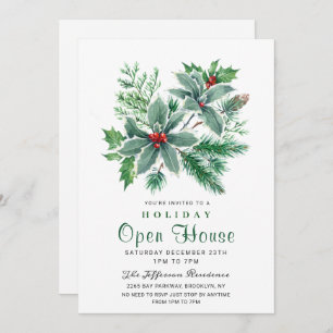 Invitation Festive Holly Berry Christmas Holiday Open House