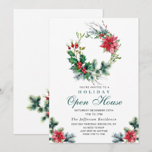 Invitation Festive Holly Berry Christmas Holiday Open House