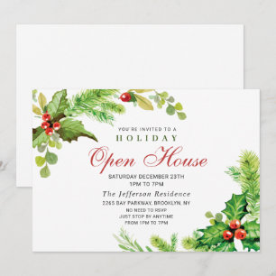 Invitation Festive Holly Berry Christmas Holiday Open House