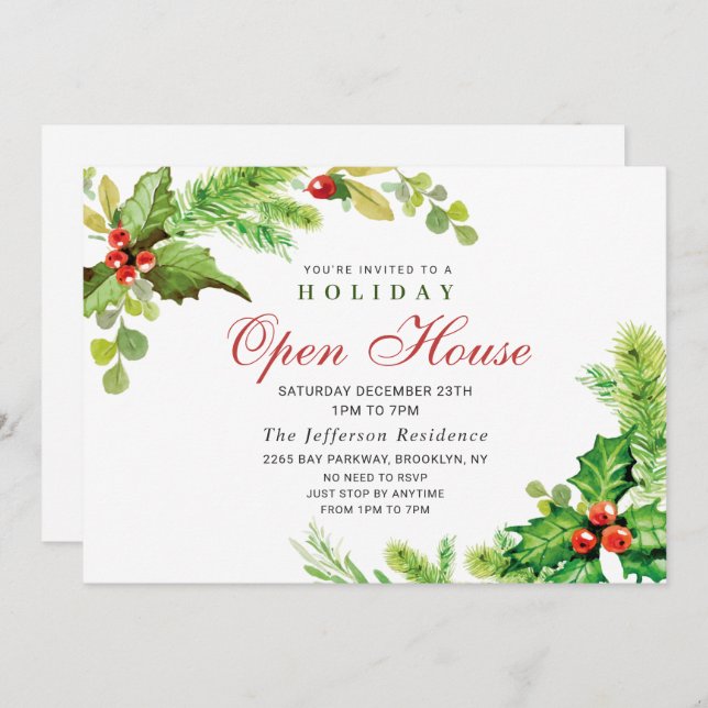 Invitation Festive Holly Berry Christmas Holiday Open House (Devant / Derrière)
