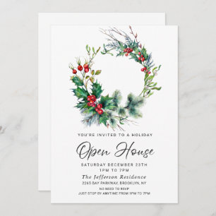 Invitation Festive Holly Berry Christmas Holiday Open House