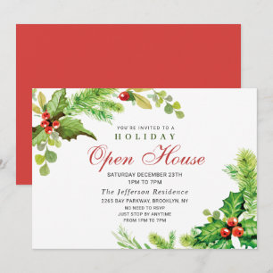 Invitation Festive Holly Berry Christmas Holiday Open House