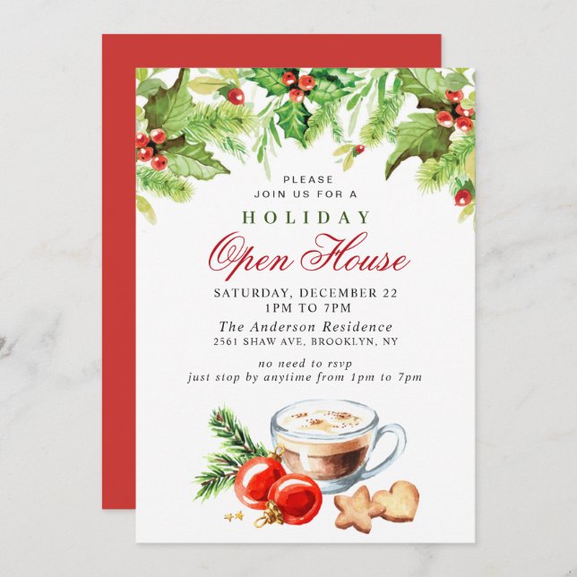 Invitation Festive Holly Berry Christmas Holiday Open House (Devant / Derrière)