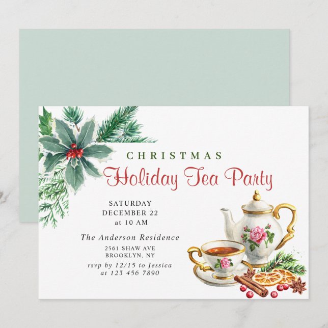 Invitation Festive Holly Berry Noël Fête Tea Party (Devant / Derrière)