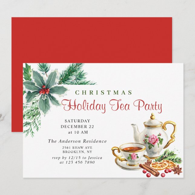 Invitation Festive Holly Berry Noël Fête Tea Party (Devant / Derrière)