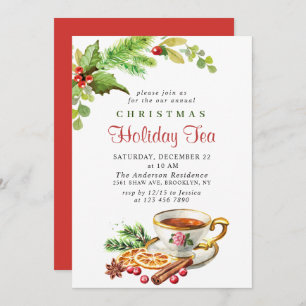 Invitation Festive Holly Berry Noël Fête Tea Party