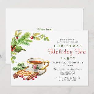 Invitation Festive Holly Berry Noël Fête Tea Party