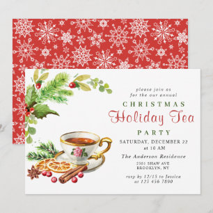 Invitation Festive Holly Berry Noël Fête Tea Party
