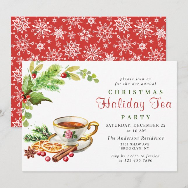 Invitation Festive Holly Berry Noël Fête Tea Party (Devant / Derrière)