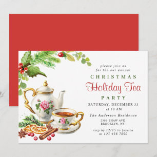 Invitation Festive Holly Berry Noël Fête Tea Party