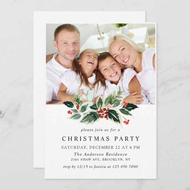 Invitation Festive Holly Berry PHOTO Holiday Christmas Party (Devant / Derrière)
