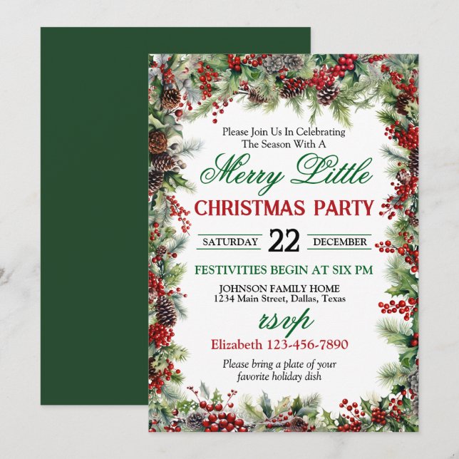 Invitation Festive Holly Border Noël Party (Devant / Derrière)