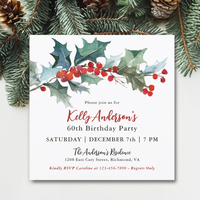 Invitation Festive Holly et Berries 60e fête d'anniversaire (May be personalized for any age!)