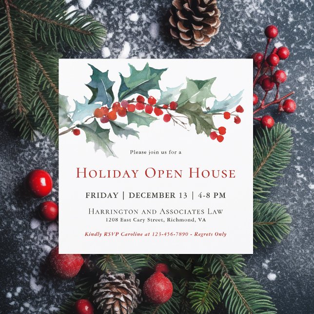 Invitation Festive Holly et Berries Holiday Open House (Available in both printed and instant download digital formats.)