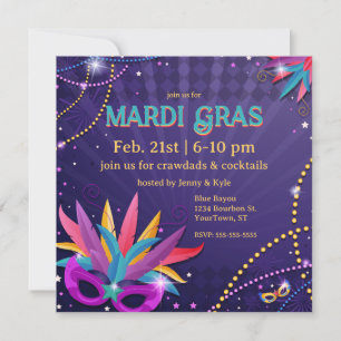 Invitation Festive Mardi Gras Masques & Perles