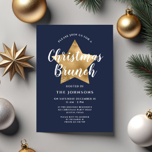 Invitation Festive Marine Blue Gold Star Noël Brunch