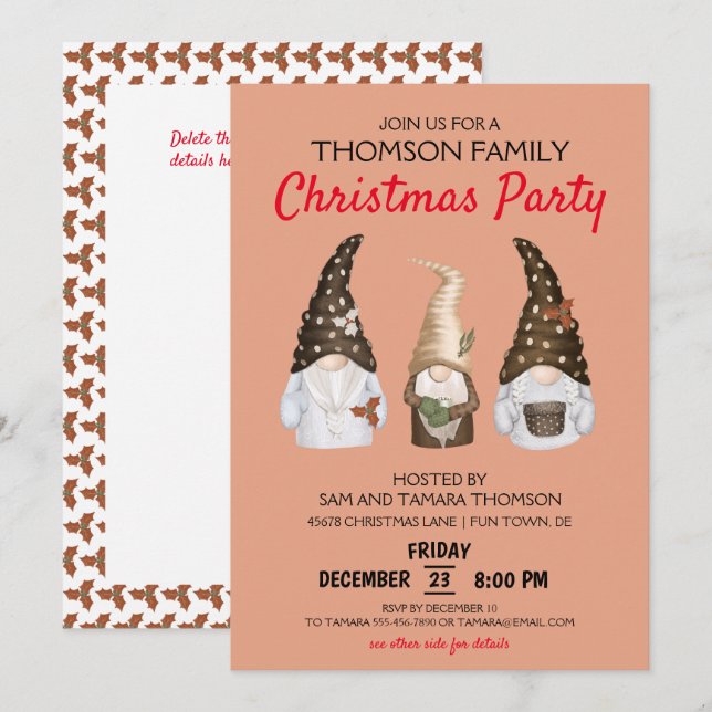 Invitation Festive moderne Gnomes Coral Christmas Party (Devant / Derrière)