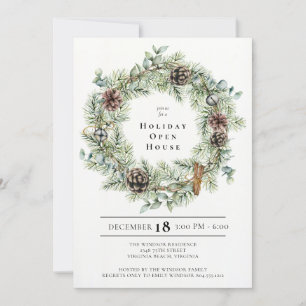Invitation Festive Natural Wreath Holiday Open House Invitati